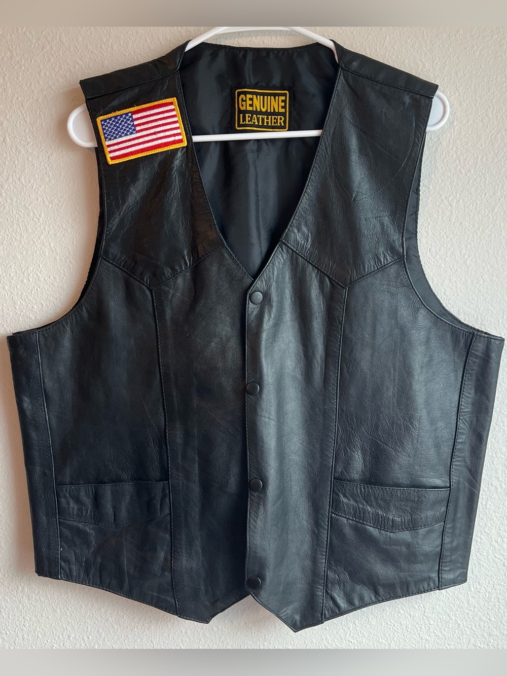 Genuine Leather Black Men's Motorcycle Vest Snap Front USA Biker